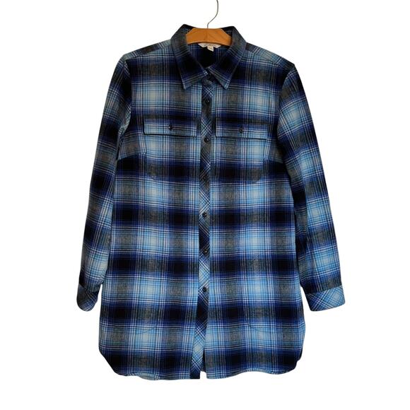 LL Bean Signature Chamois Tunic Shirt Button Down Flannel Blue Plaid Shacket M - Picture 1 of 12